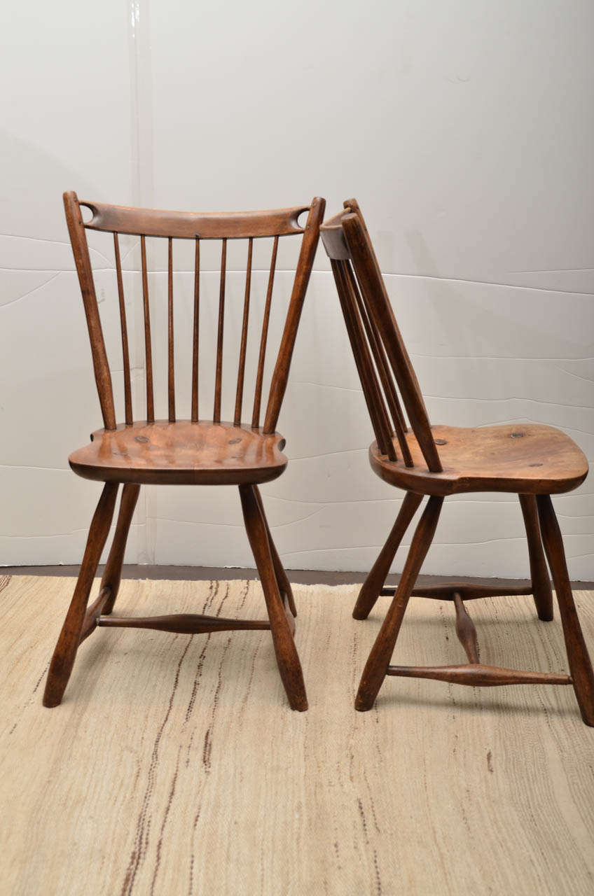 Pair of spindle back wooden side chairs with beautiful patina.