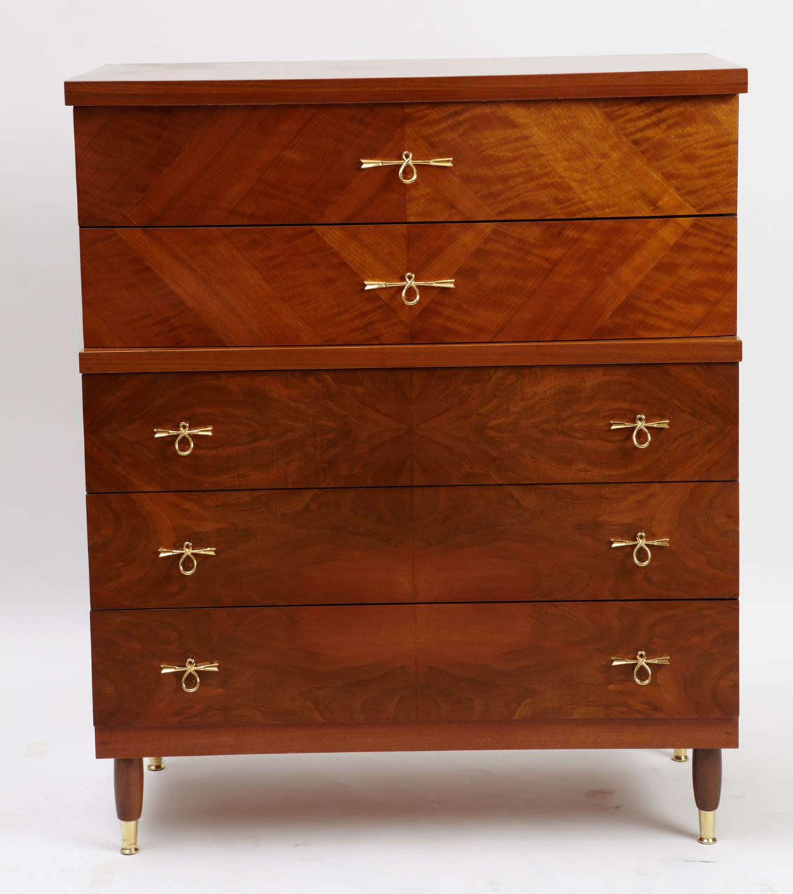 Interesting size chest of drawers, Five drawer ,the two up curved convex .Beautiful walnut , brass handles and feet