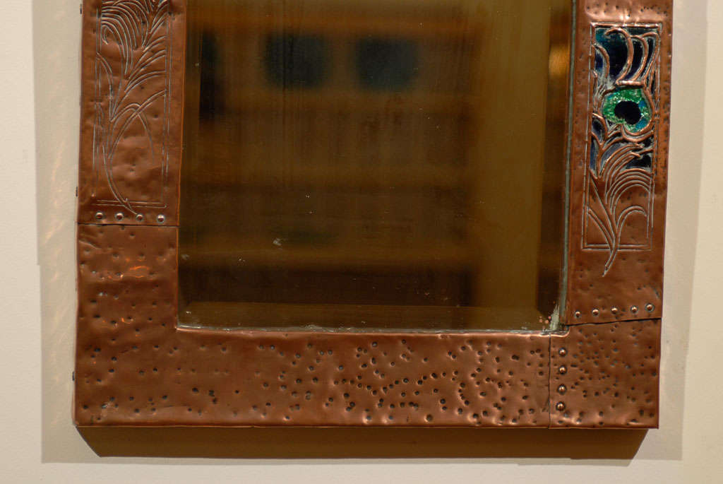 English Copper & Enamel Mirror with Peacock Feather Details