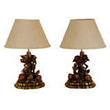 Pair of Black Forest Lamps with Birds