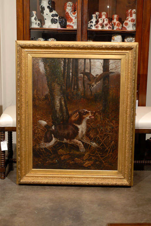 Large English 19th Century Oil Painting of Sporting Dog in Antique Gilt Frame 3
