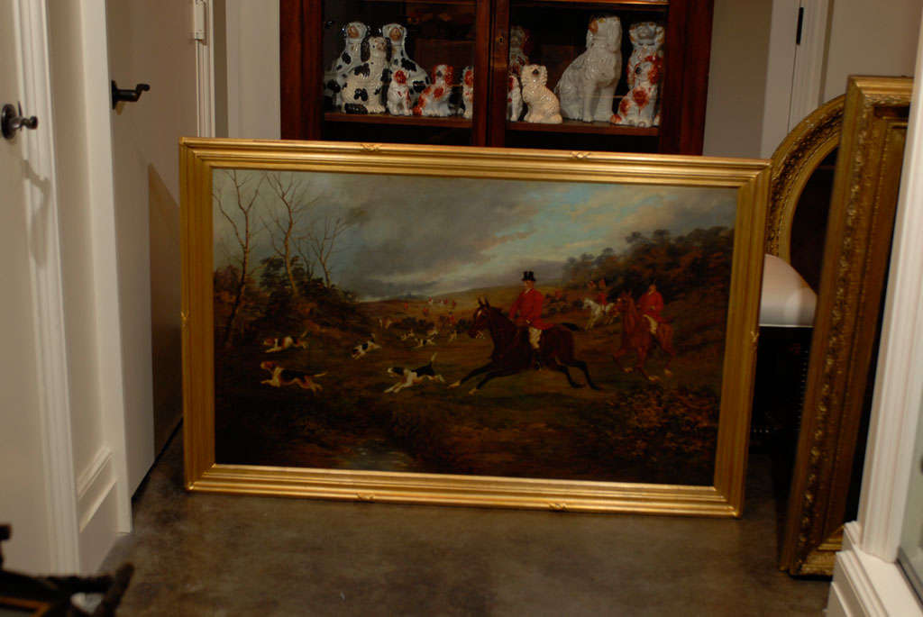 Large English Hunt Scene oil painting by E.S.England,British painter in custom new gilt frame.