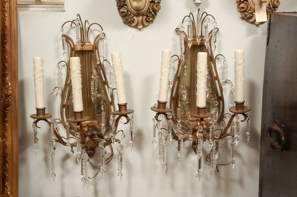 Pair of French Bronze Mirrored Sconces