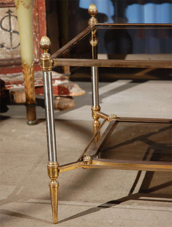 bronze & steel coffee table, 2-tiered w/smoky glass shelves & final decoration