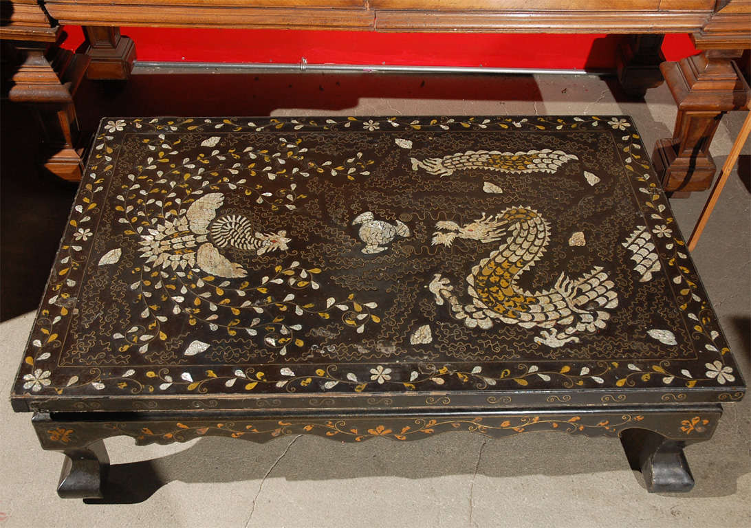 mother of pearl tortoise & brass inlaid table