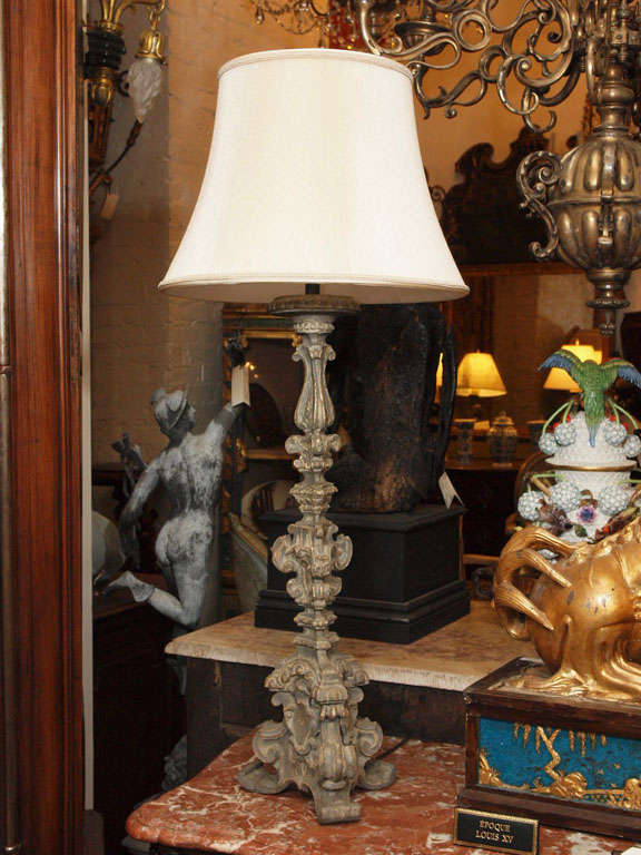 18th century Italian Candlestick now wired as lamp with silk shade