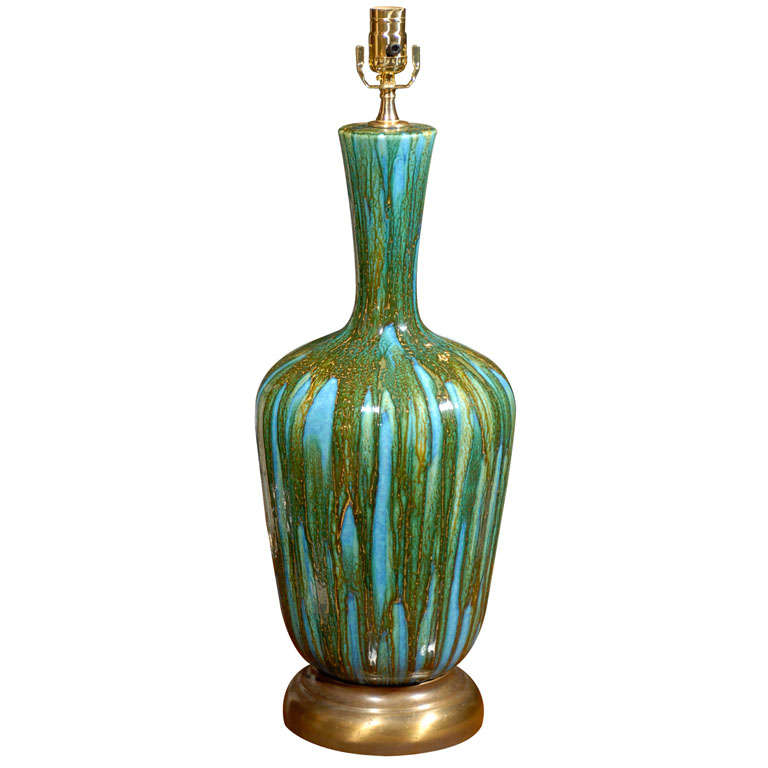 Jumbo  Mid 20th C Blue 
Green Drip Glaze Pottery Lamp