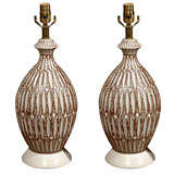 Pair Of Mid C Brown & White Drip Glazed Lamps