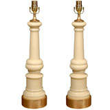 Pair Of 20thc Cream Eglomise Lamps, Custom Giltwood Bases