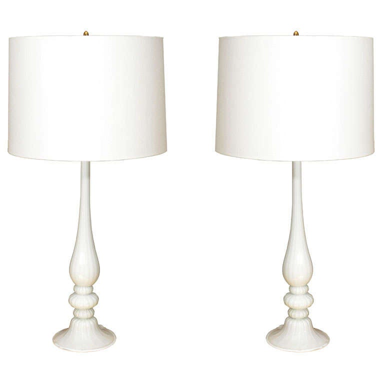 Pair of Elegant Hand Blown White Murano Glass Lamps