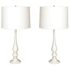 Pair of Elegant Hand Blown Opaque White Murano Glass Lamps, Italy