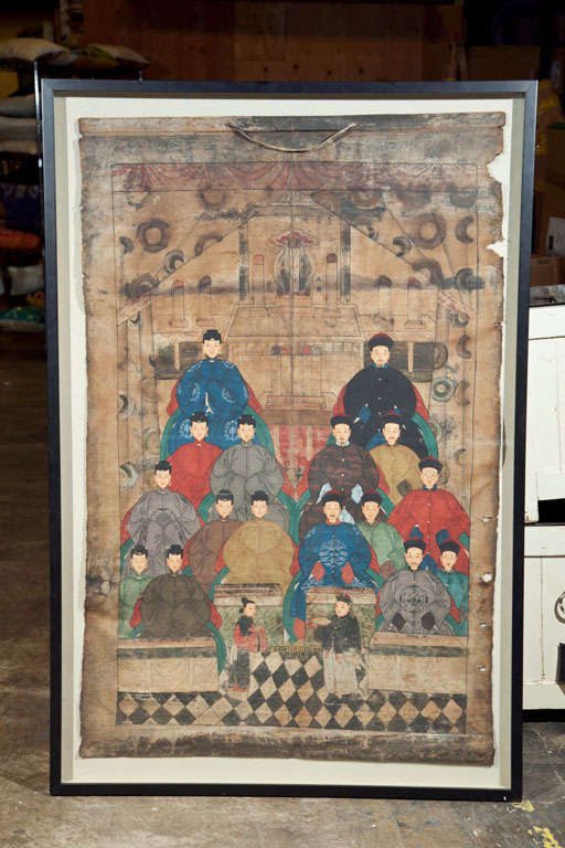 Chinese Ancestor Scroll Painting on linen, c. 1880, now framed