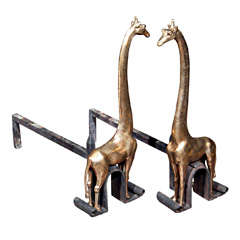Spectacular Bronze Giraffe Andiron Pair