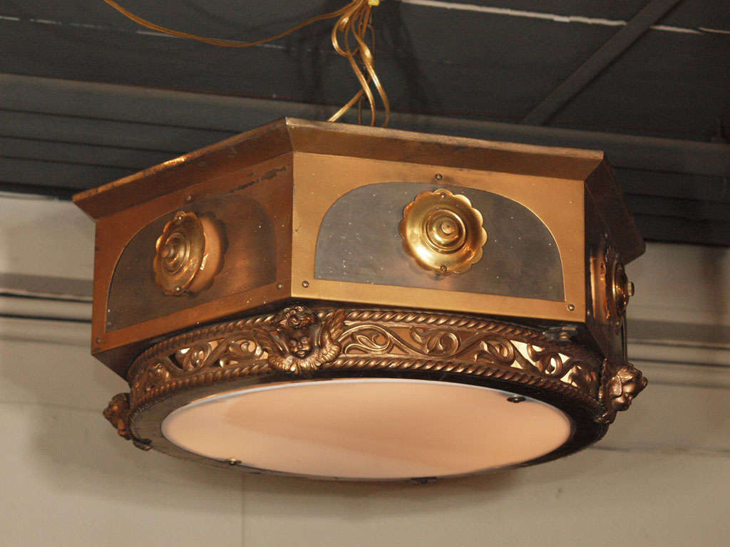 Circa 1920s Octagonal Brass and Bronze Fixture with Cupid Head Bust