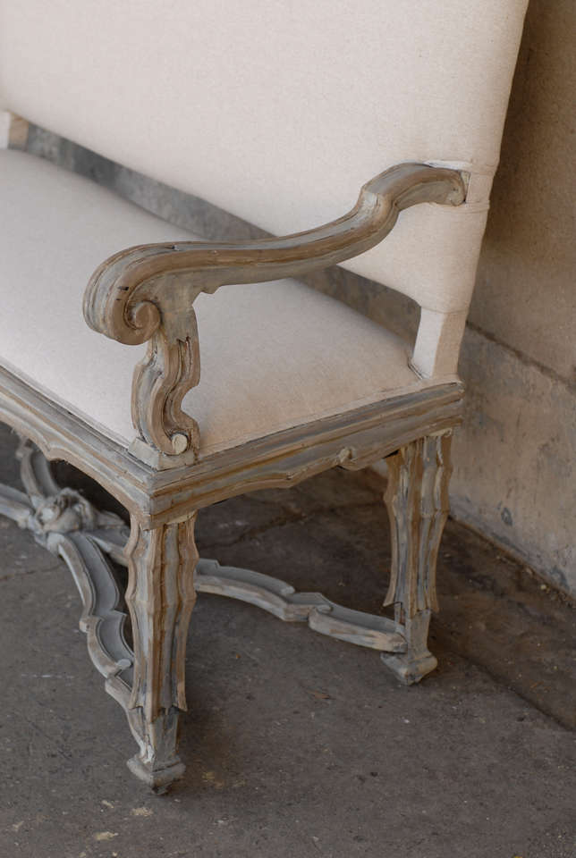 Italian 19th Century Upholstered Painted Wood Settee with Scroll Arms 1