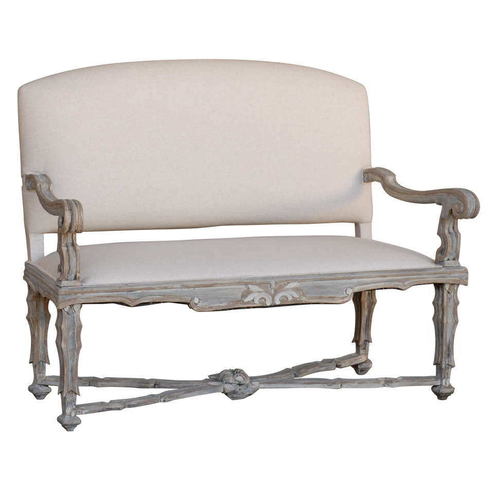 Italian 19th Century Upholstered Painted Wood Settee with Scroll Arms