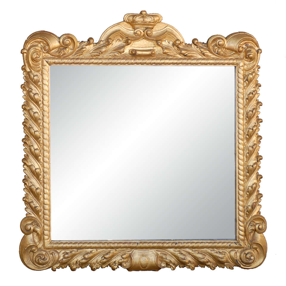 Italian 19th Century Gilded Mirror with Crown Carving