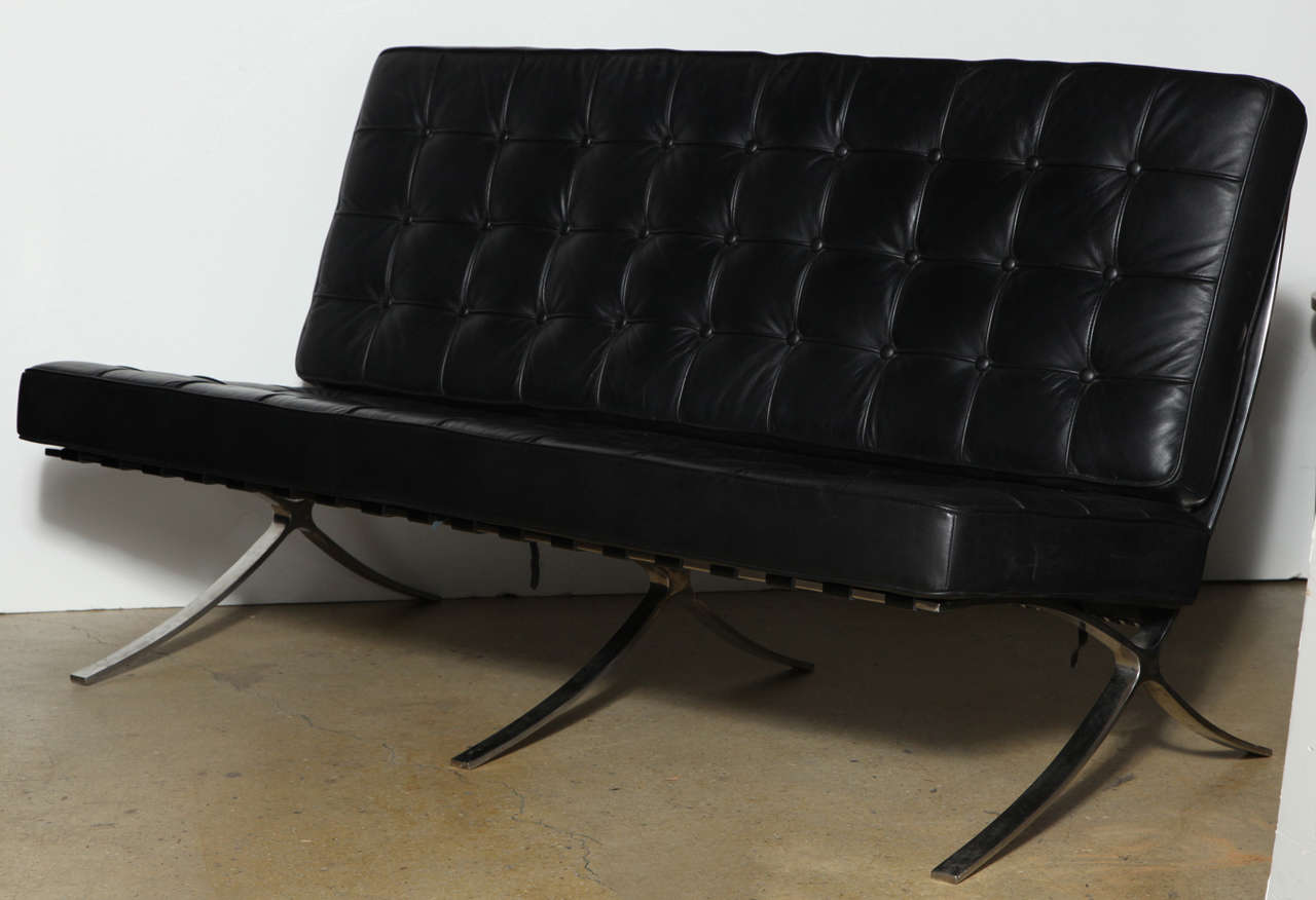 Ludwig Mies Van Der Rohe style Black Naughahyde very comfortable, tufted, polished Steel Sofa  with classic wishbone base