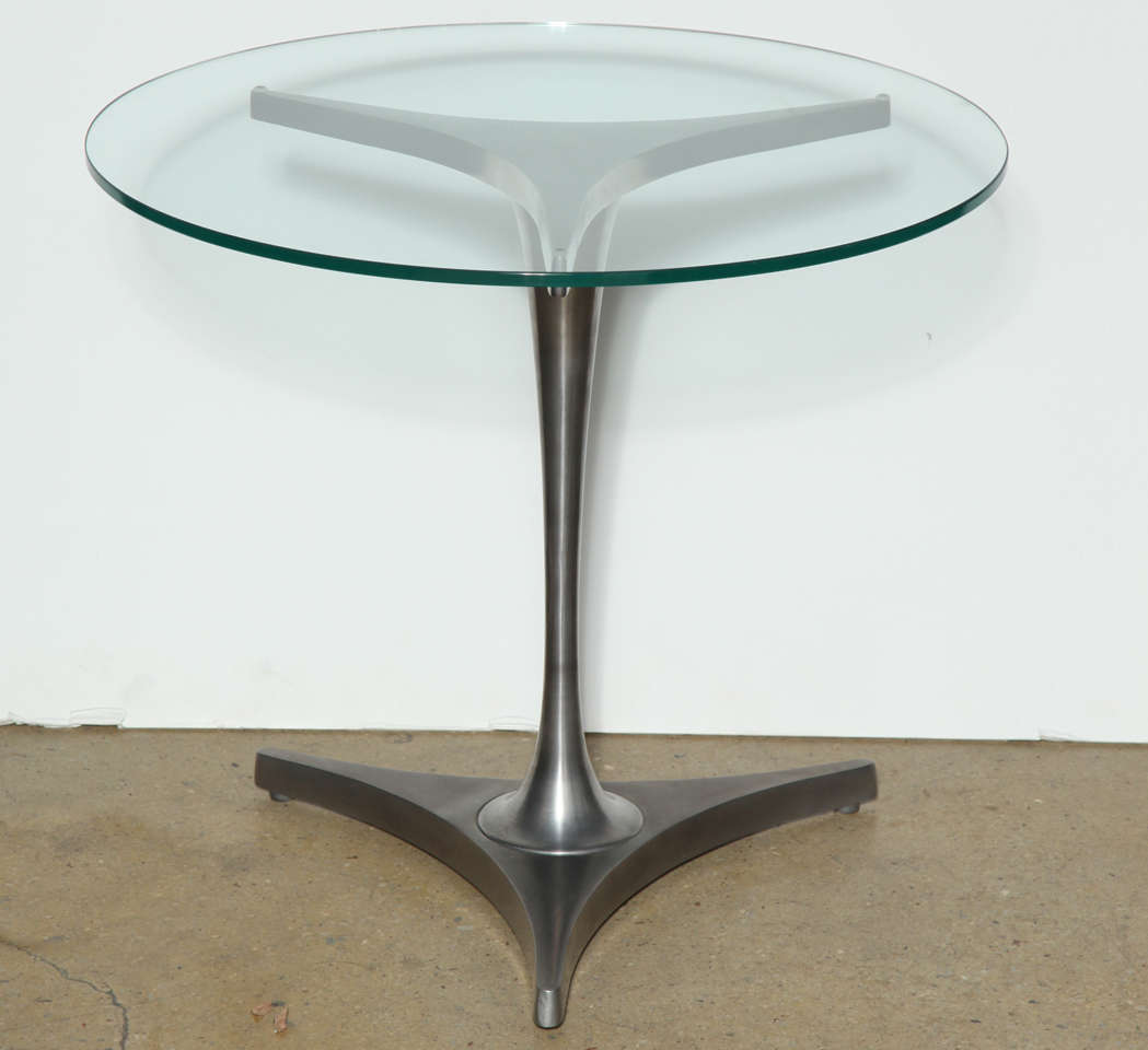 Atomic style Aluminum Company of America Brushed Aluminum Occasional Table on tripod base with Glass top.  May have been custom made for executive offices