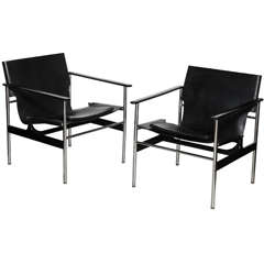 pair of Charles Pollock for Knoll Black Leather Chairs