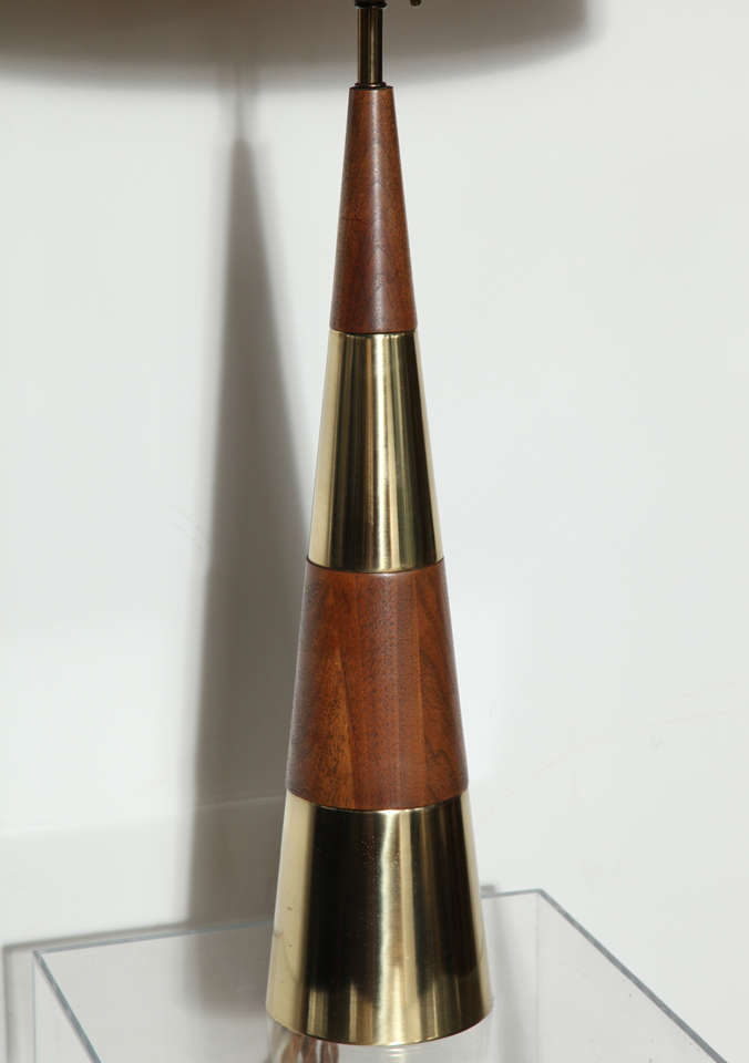 Mid-Century Modern Substantial Tony Paul for Westwood Stacked, Conical Brass and Walnut Table Lamp