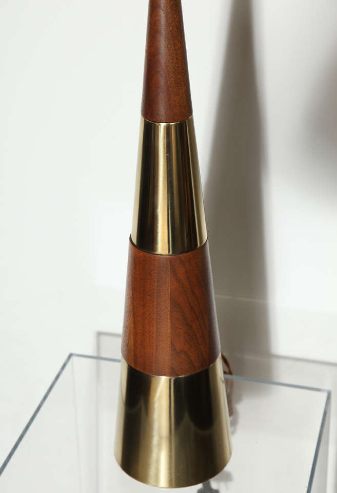 Substantial Tony Paul for Westwood Stacked, Conical Brass and Walnut Table Lamp 1