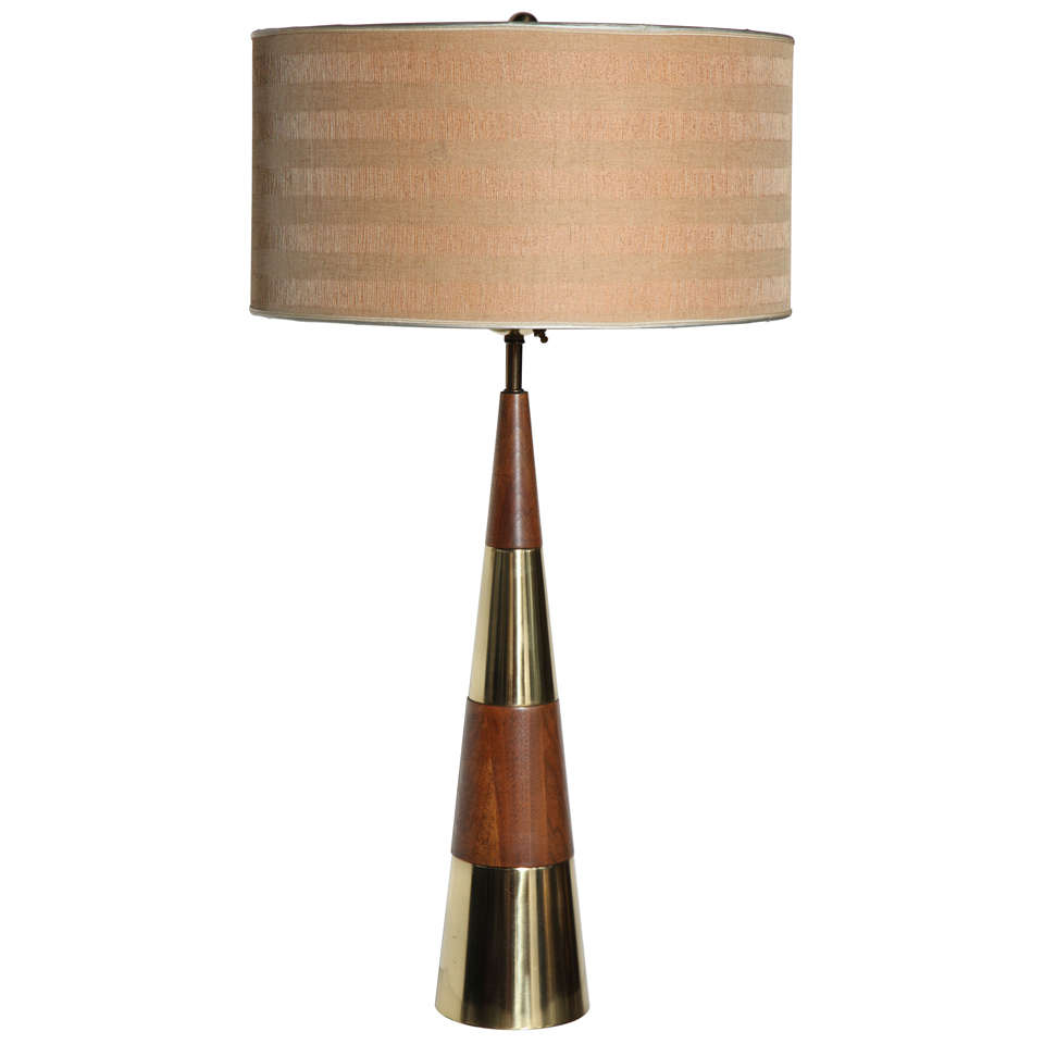 Substantial Tony Paul for Westwood Stacked, Conical Brass and Walnut Table Lamp