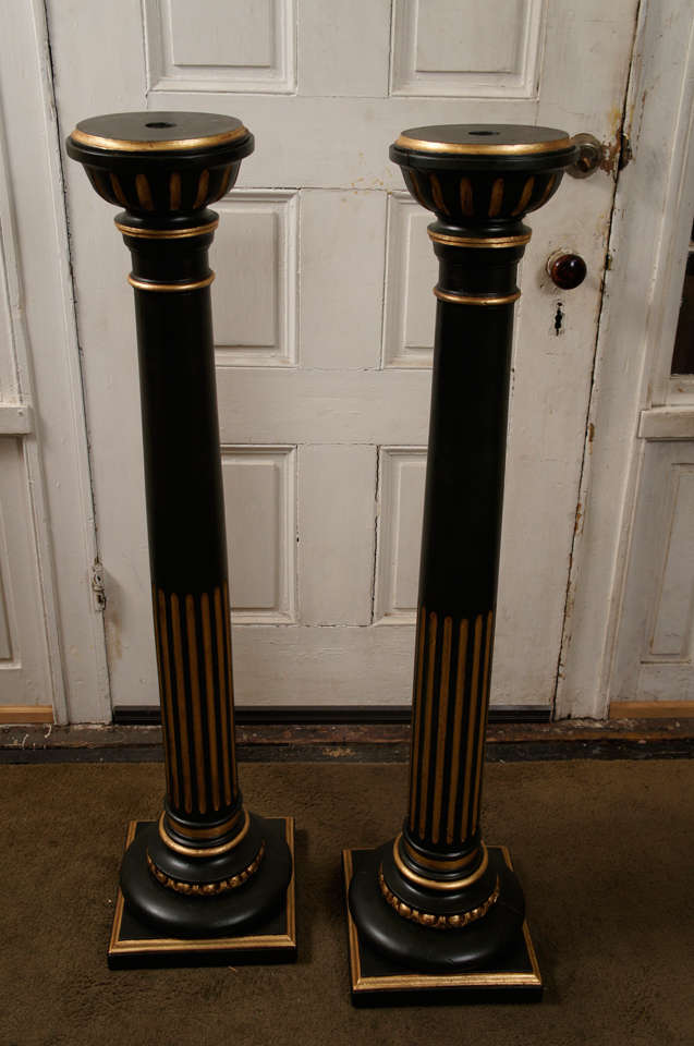 Neoclassical Pair of Late 19th c. Carved Painted and Gilded Wood Pedestals For Sale