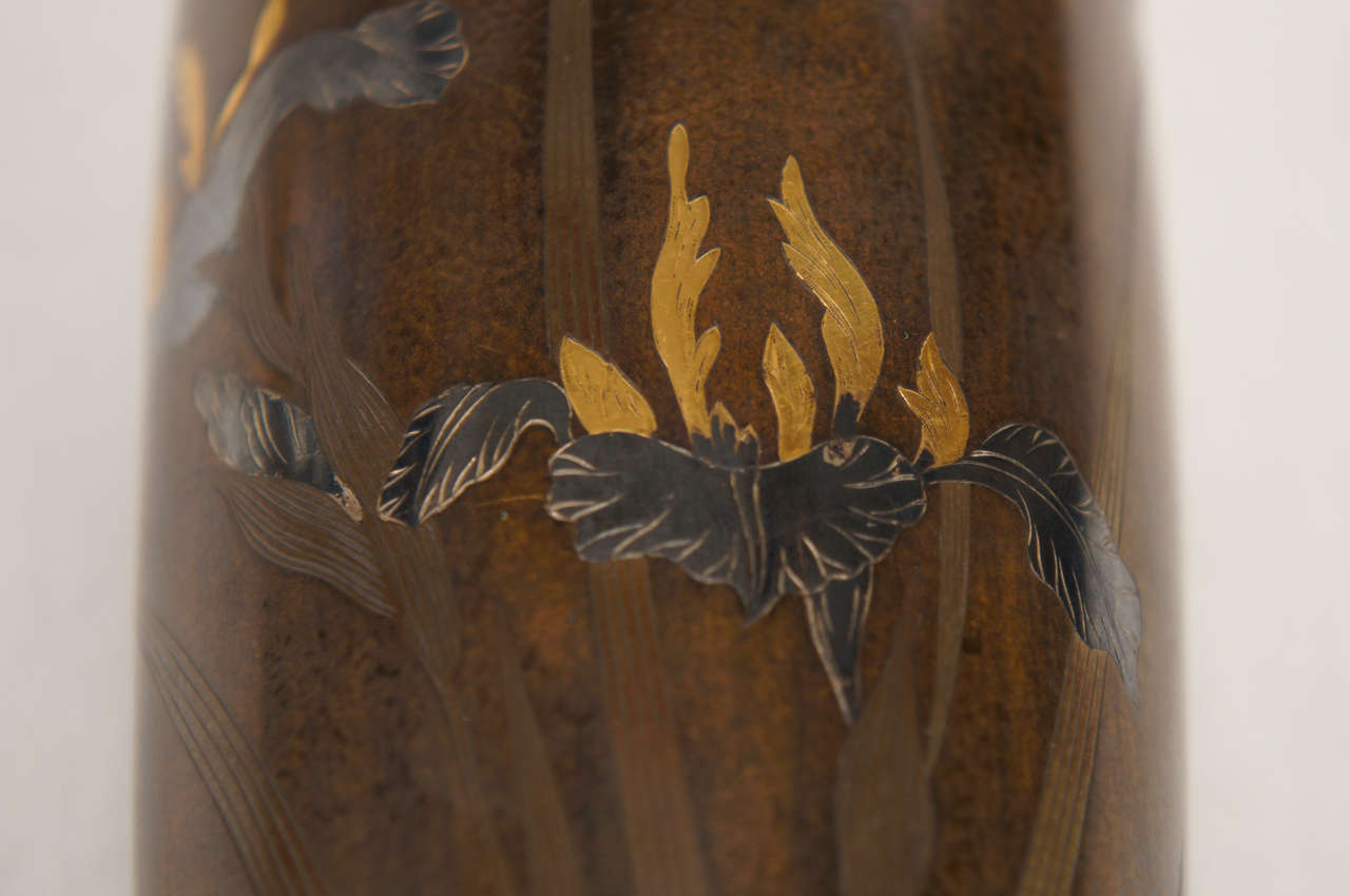 A Very Good Pair of Japanese Bronze Vases Inlayed With Gold and Silver 4