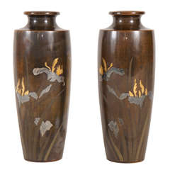 Antique A Very Good Pair of Japanese Bronze Vases Inlayed With Gold and Silver