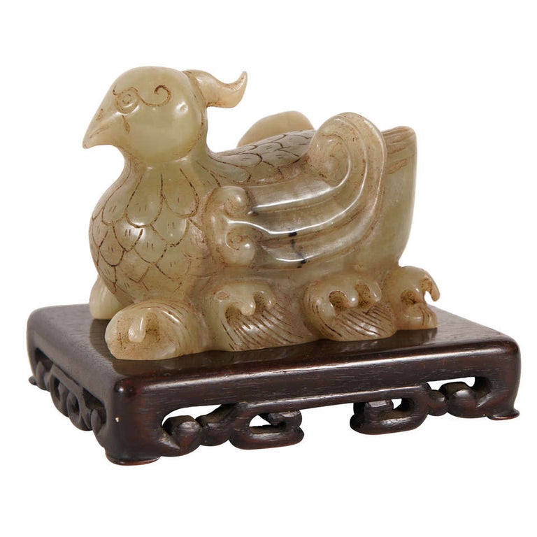 Late 19th/Early 20th Century Carved Jade Mythical Bird Carving For Sale