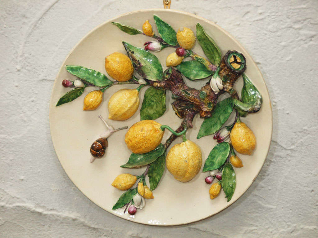 Wondeful Barbotine (majolica) French trompe l'oeil platter with lemons, with the impressed makers mark of Monaco. 19th century, France.