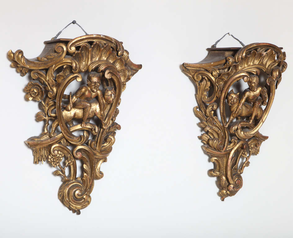 An opposing pair of giltwood wall brackets, each elaborately carved with C-scrolls. acanthus leaves and flowers surrounding center of Satyr astride beast.
