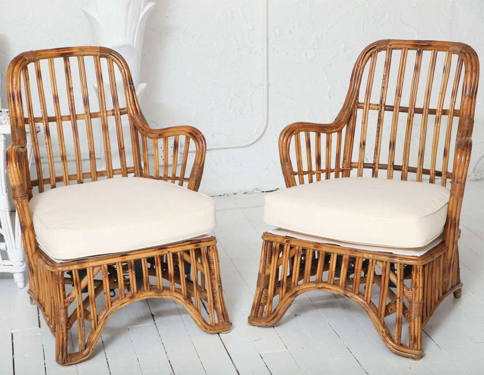 Fine and rare pair of split reed deck chairs from the Queen Elizabeth ocean liner. Restored. *Notes: There is no sales tax on this item if it is being shipped out of the state of Florida (Objects20c/Objects In The Loft will need a copy of the