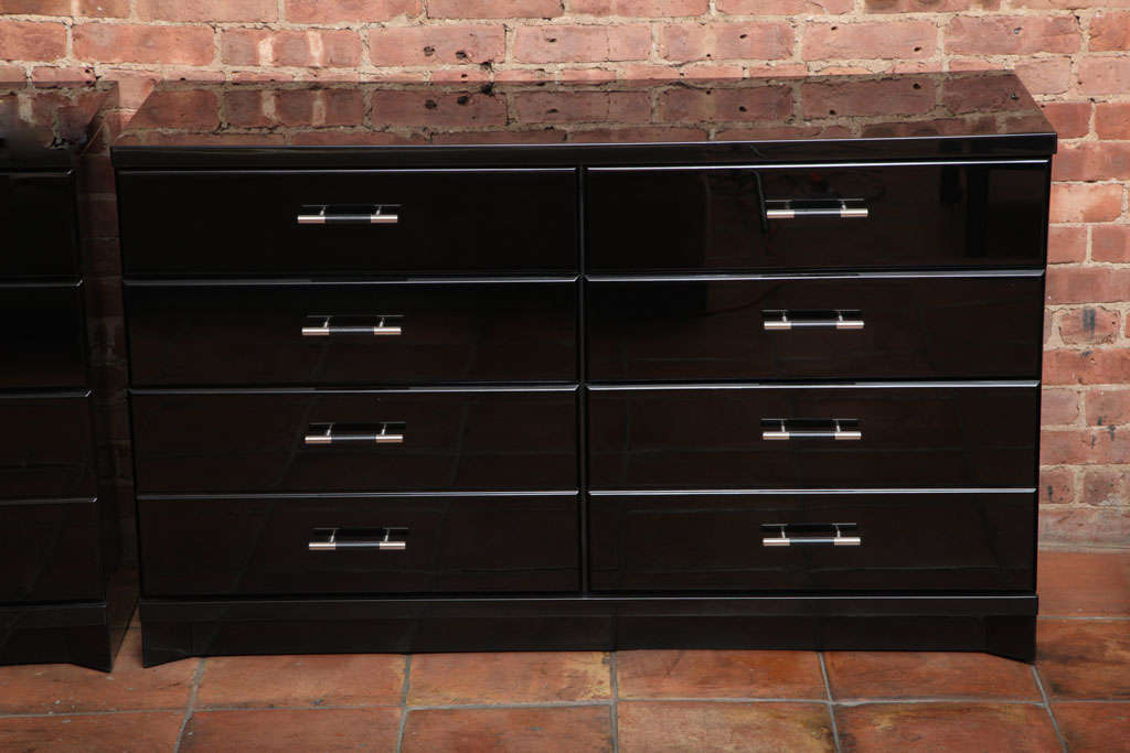American Art Deco 1930's Dresser 
Refinish in Polyst Black high gloss. New leather pulls.  Made by Bassett Furniture. Marked with original manufactures seal.
Bassett Furniture is one of the oldest furniture manufacturers in Virginia
