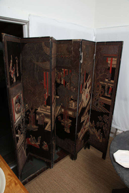 Six Panel double sided Coromandel Screen.  One side depicts Imperial Court Ladies in various activities, the other side depicts exotic birds in a Lotus Pond.
Lacquer.

Each Panel is 16