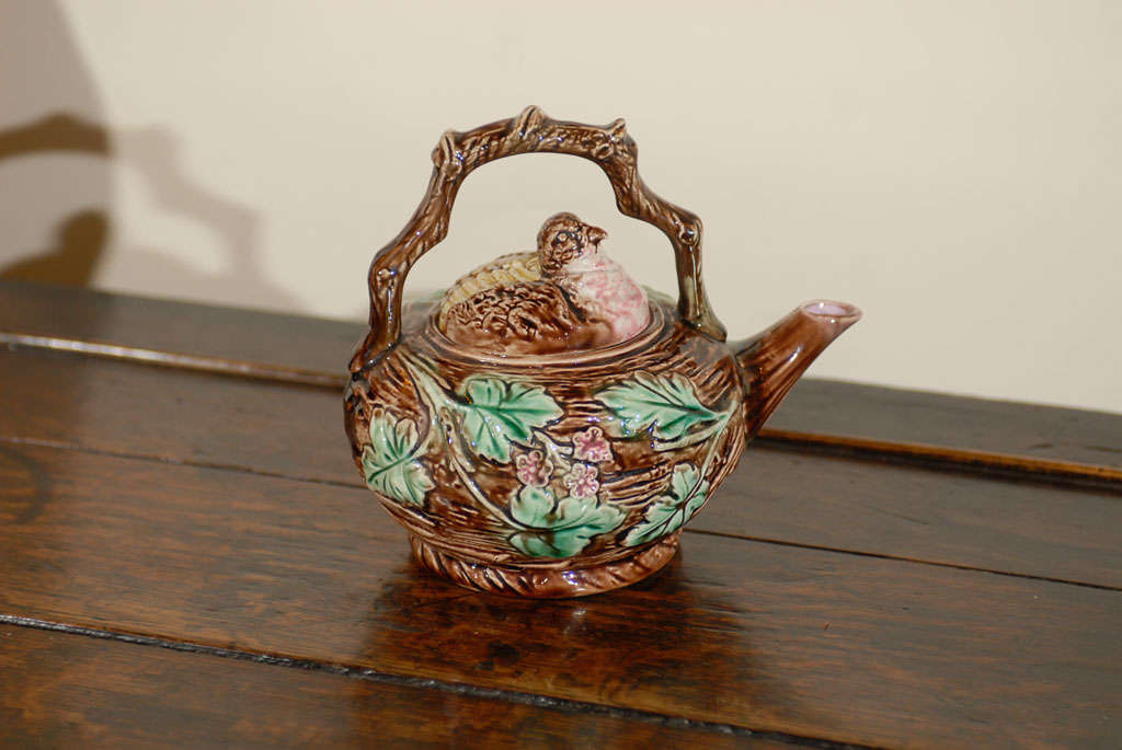 19th Century English Majolica Tea Pot with a Bird in Nest Theme