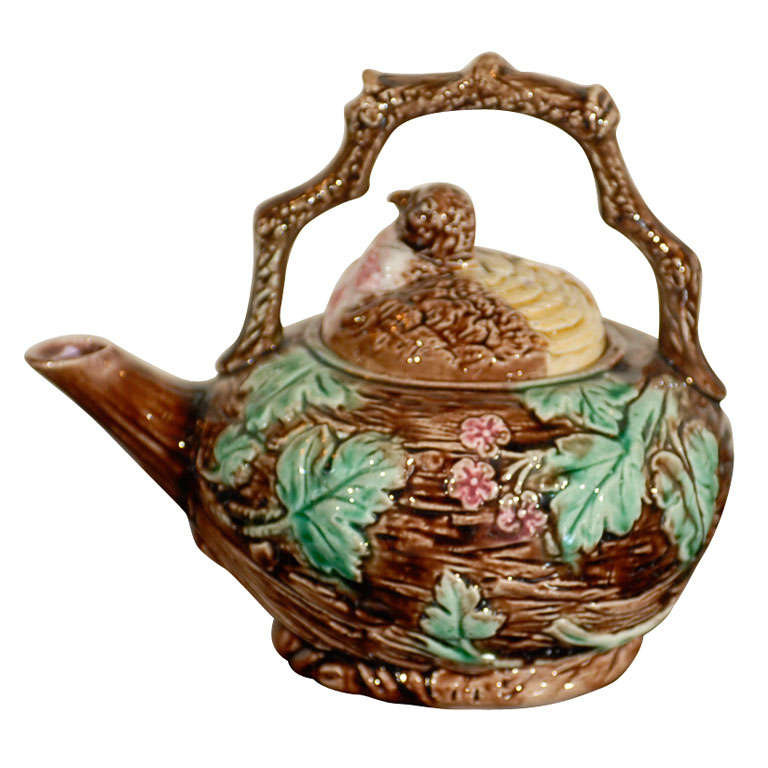 English Majolica Tea Pot with a Bird in Nest Theme