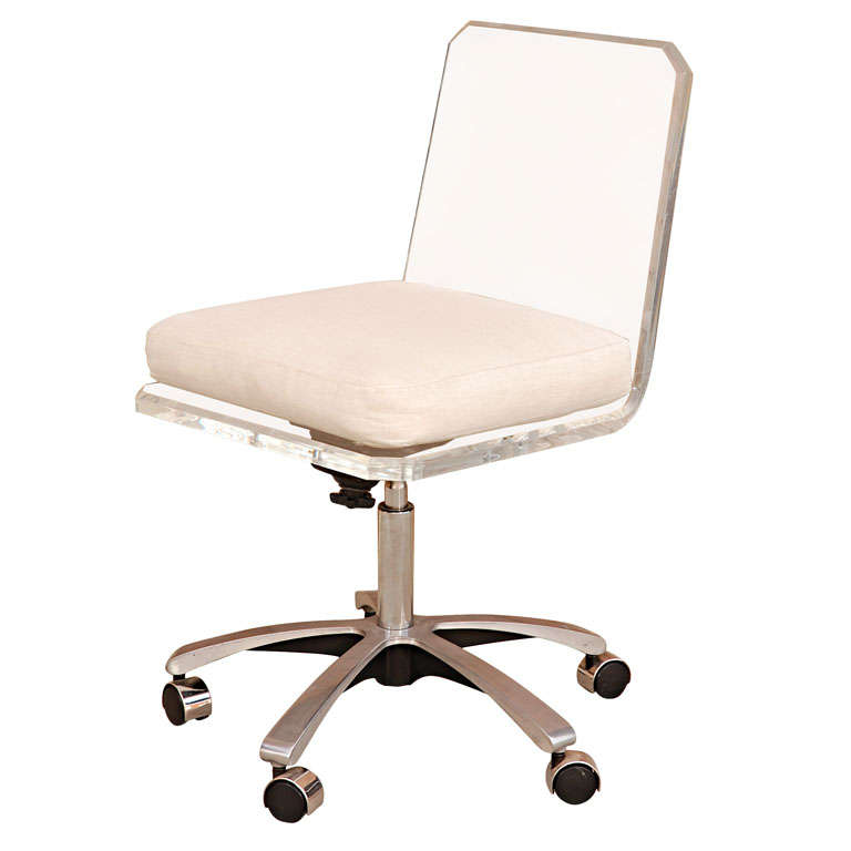 Lucite Swivel Base Desk Chair With White Cushion