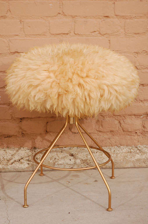 Pair of Lambs Wool Poof Stools with Atomic Base 2