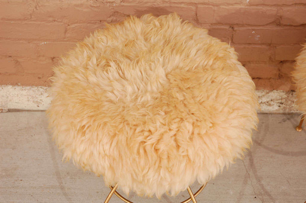 Pair of Lambs Wool Poof Stools with Atomic Base 1