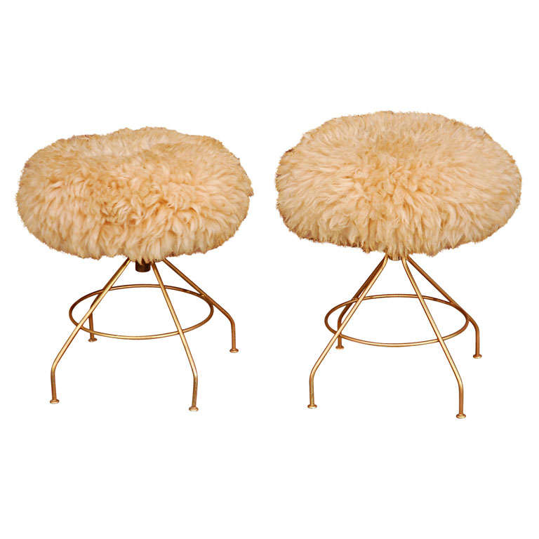Pair of Lambs Wool Poof Stools with Atomic Base