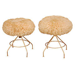 Pair of Lambs Wool Poof Stools with Atomic Base