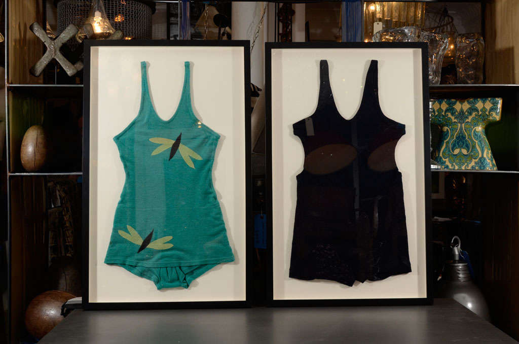 Pair of His and Her Wool Bathing Suits from the 1930s,  framed in shadow boxes. Man's costume has the original 
