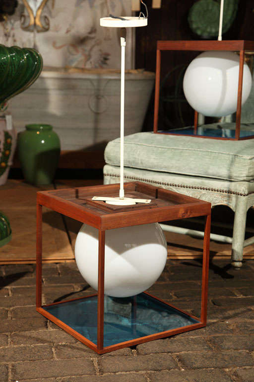 Pair of Teak Framed Ball Pendant Lights