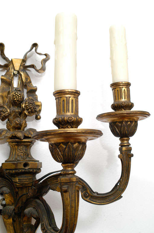 Pair of Neoclassic Style Hand-Cast Bronze Three-Light Sconces, America