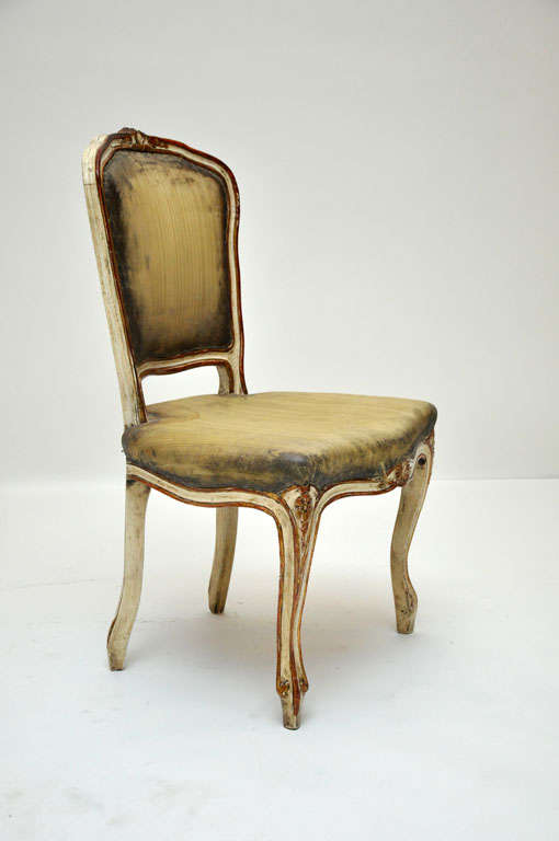 French Pair of Rococo Petite Painted Side Chairs with Green Silk, France, 1870 For Sale