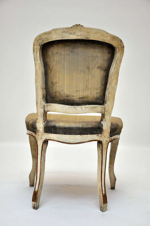 19th Century Pair of Rococo Petite Painted Side Chairs with Green Silk, France, 1870 For Sale