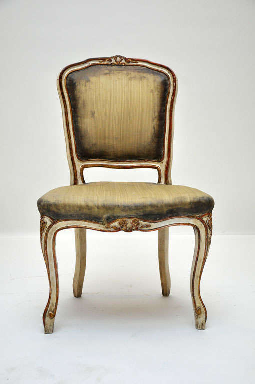 Oak Pair of Rococo Petite Painted Side Chairs with Green Silk, France, 1870 For Sale