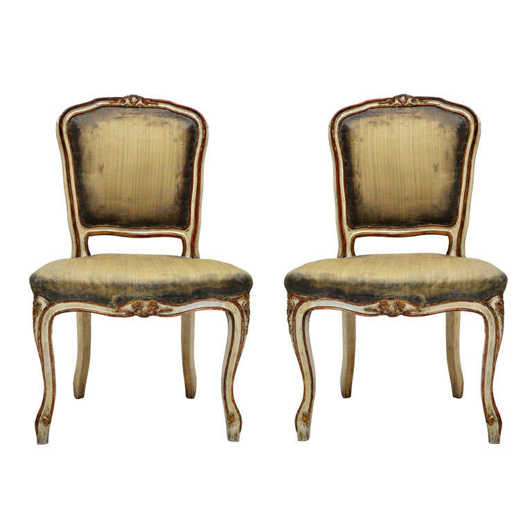 Pair of Rococo Petite Painted Side Chairs with Green Silk, France, 1870 For Sale